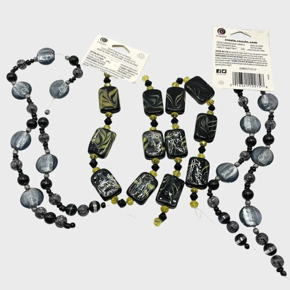 Lot Art Glass Beads Black Yellow Swirl Silver Tone Foil Jewelry Craft Lampwork